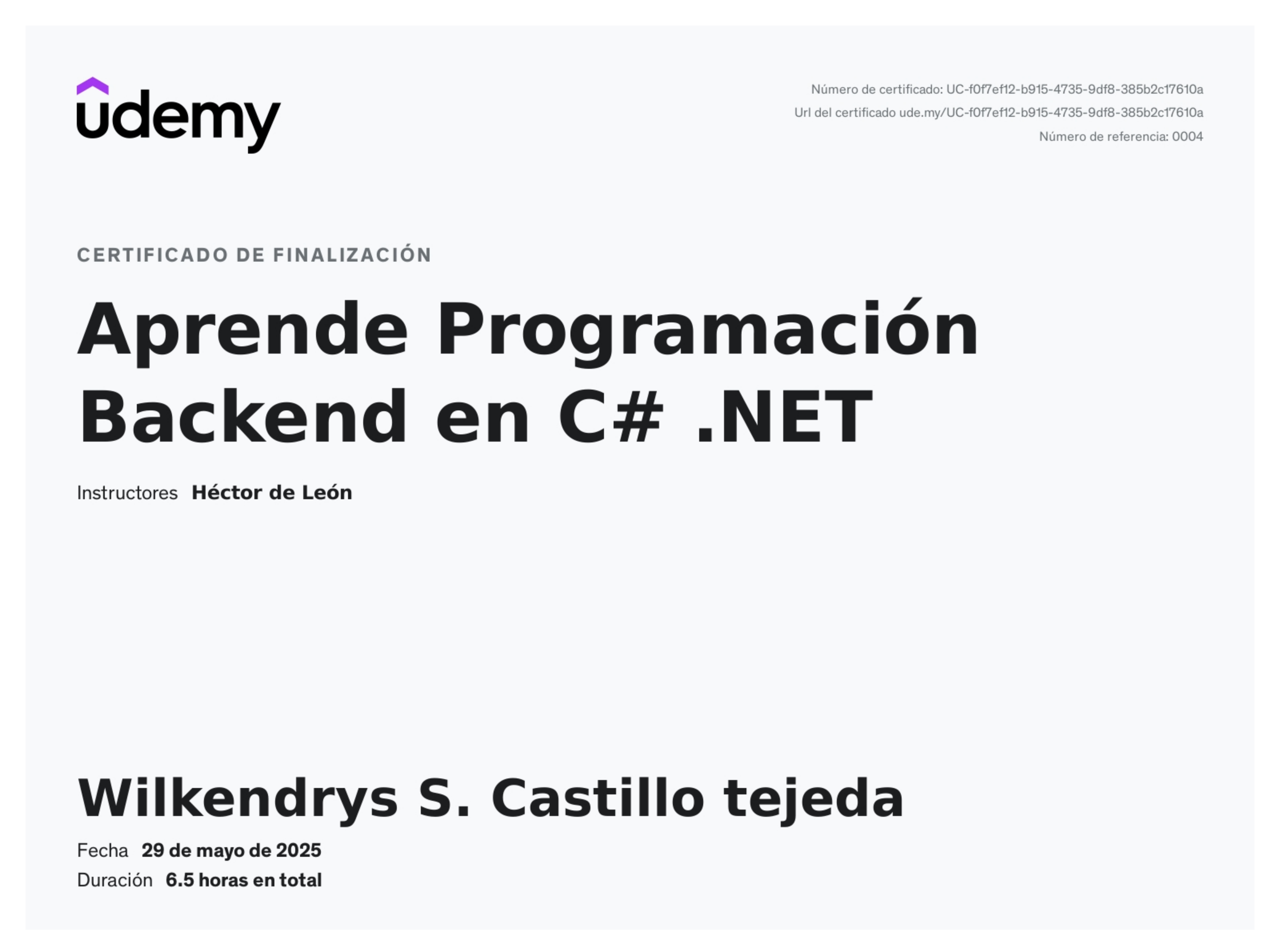Certificado Aprende Programación Backend en C# .NET