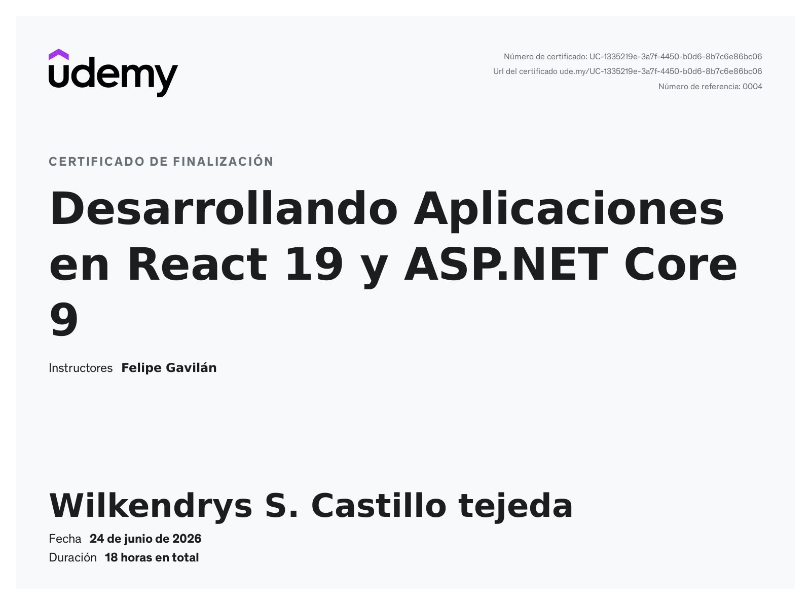 Certificado Desarrollando Aplicaciones en React 19 y ASP.NET Core 9